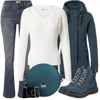 Winter Outfit mit Grau/Hellgrau/Blau/Hellblau/Dunkelblau T-Shirt/Low Waist Jean/Low Rise Jean/Schlaghose Jeans/Straight Leg Jean/Jeans mit Schlitz/Winterjacke LTB "Herbstliches Freizeit Outfit"