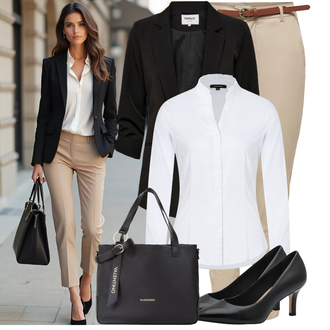 Sommer Vorstellungsgespräch Outfit mit Schwarz Mantel/Tunika/Blazerjacke/Blusenblazer/Boyfriend Blazer/Cargoblazer/Lässiger Blazer/Lederjacke/Longblazer/Oversize Blazer/Kurzblazer/Lederjacke für Männer/Smoking Blazer Only, Weiß/Grau/Lila Bluse und Tunika/Businesshemd/Business Hemd/Bügelfreies Hemd/Hemdbluse/Bluse Große Größe More & More "Stylischer Bürolook"