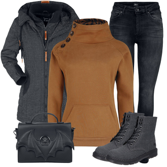 Outfit mit Schwarz/Grau/Orange/Dunkelblau/Dunkelgrau StrickFleecejacke/Trekkingjacke/Funktionsjacke/Thermojacke/Ripstopjacke/Wolljacke/Outdoorjacke/Merinojacke/Jacke mit Seitlichem Reißverschluss/Kapuzenjacke Red by EMP "Herbstliches Freizeit Outfit"
