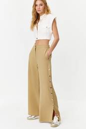 Beige Wide Leg/Wide Leg Side Buttoned Woven Fabric Trousers