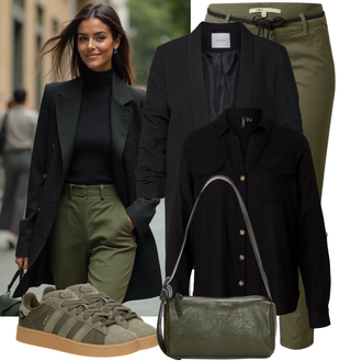 Outfit mit Dunkelgrün/Beige/Khaki Hose Große Größe/Mantel/Strick Große/Tunika/Leichter Mantel/Lodenmantel/Langer Mantel/Langmantel/Midi Mantel/Militärmantel/Sommermantel/Übergangsmantel/Women's Trenchcoats/Trenchcoat Only "Praktischer Look"