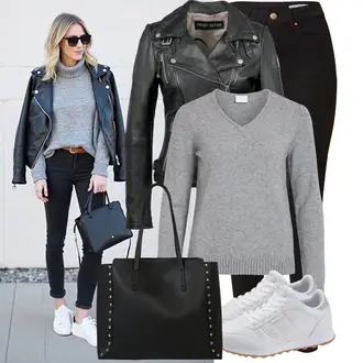 Große Größen Motorrad Outfit mit Schwarz/Dunkelgrün/Dunkelgrau/Grau Mantel/Bikerjacke/Lederjacke/Motorradjacke/Vintage Lederjacke Freaky Nation "Schönes Frühlingsoutfit"Look: Motorrad