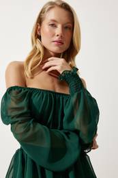 Happiness stanbul Women's Emerald Green Flounce Chiffon Dress