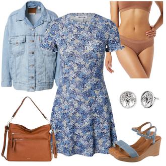 Outfit mit Fliederfarben/Blau Lässiges Kleid/Vintage Kleid/Tenniskleid/Französisches Kleid/Minikleid/Retrokleid/Bedrucktes Kleid/SkaterKleid/Geblümte Kleid Edited "Blauer Freizeitlook"