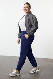 Curve Navy Blue Jogger High Waist Fleece Lined Plus Size Sweatpants