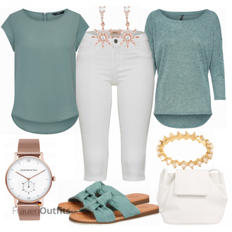 Outfit mit Türkis/Grün/Hellblau 3/4 Bluse/Klassische Tunika/Elegante Tunika/ausgefallene tunika/Festliche Tunika/Lederjacke/Tuniken-Shirt/Shirt & Top Große Größe/Tunika Only "Sommerliches Freizeit Outfit"