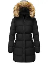 WenVen Damen Lang Wintermantel Winddicht Puffer Jacke Dicke Steppjacke Warm Polstermantel Winter Parka mit Kunstpelz Kapuze Schwarz L