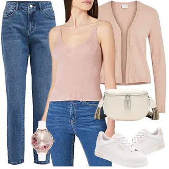 Outfit mit Hellblau/Blau Sportschuhe/Dad Jeans/Knöchelstiefel/Winterjacke/Formelles Hemd/Schlupfjeans/Damen 7/8-Länge Jeans/Regular-Fit Jeans/Straight Leg Jean/Tapered-Jeans/Girlfriend Jeans/Cropped Jeans/Mom Jean/High Waist Jeans Vila "Freizeit Bekleidung"