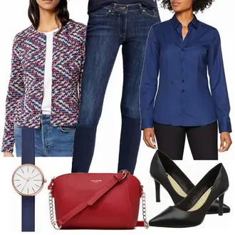 Outfit mit Dunkelblau Bluse Mit Ellen­bogen-patch/LangarmBluse/Bluse Mit Knopf/Bluse mit Stehkragen/Bügelfreie Bluse/Slim Fit Bluse/Business Bluse Seidensticker "Tom Tailor Business"