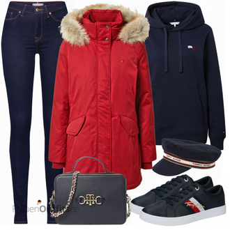 Outfit mit Dunkelblau Lederjacke/High Waist Jeans/Push up Jeans/Leder Schuhe/Thermojeans/Herren Lederjacke/Winterjacke Tommy Hilfiger "Schickes Herbst Outfit"