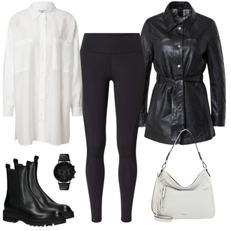 Stoff Outfit mit Schwarz Chelsea Boot/Lederjacke Billi Bi "Kontrast Freizeitoutfit"