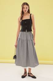 Black Gingham Pattern Woven Hem Lace Detailed A-line Midi Length Woven Skirt