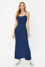 Indigo Maxi Bodycone/Body Fitted Strappy Stretch Knit Dress