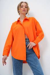 Trend Alaat Stili Women's Orange Oversize Long Woven Shirt