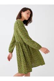 Crew Neck Floral Long Sleeve Muslin Women's Dress Mother Daughter Combination