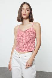 Red Strappy Gingham Woven Blouse