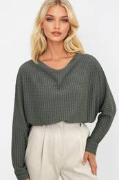 Trend Alaat Stili Women's Khaki Degaje Lapel Wide Cut Knitted Blouse