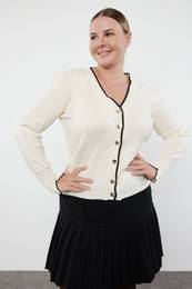 Curve Cream Gold Button Detailed Striped Knitted Cardigan