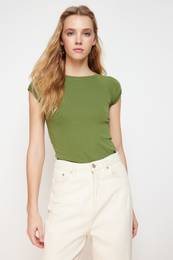 Khaki Moon Sleeve Fitted Stretch Knitted Blouse