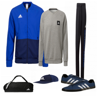 Outfit mit Blau Adidas Performance, Blau Sportschuh Adidas Performance, Blau Schultertasche Adidas Performance, Sportjacke Adidas Performance, Grau Adidas Performance "Sport Outfit"