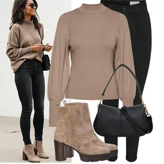 Jeans Outfits Elegant met zwart Lederen Jas/Dames 7/8 Lengte Jeans/Biker Jeans/Jeans met Split/Push up Jeans/Slim Fit Jeans/Lederen Schoenen/Sweat Jeans/Thermo Jeans Noisy may, Khaki/grijs/bruin/beige Basic Trui/Carmen Trui/Kasjmier Trui/Fijn Gebreide Trui/Trui met opstaande kraag/Trui met Ronde Hals/Eenvoudige Trui/Coltrui VERO MODA, zwart/wit Baguette tas/Schoudertas/Schooltas/Schoudertas Gianni Chiarini "Modieuze lente-outfit"Look: Casual, Klassiek, Elegant, Modern, Prachtige, Premium, Naadloos, Simpel, Unisex, Vintage, 70s, Jaren 20, Egirl, Soft girl, Kantoor, Old Money, Chique, Italiaans, Buitenshuis, Elegante, Edele, Glamoureus