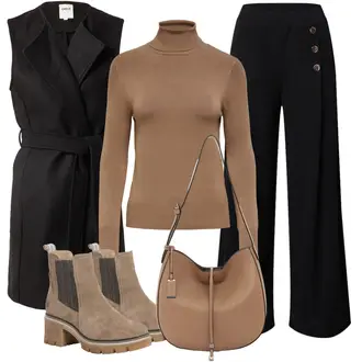 Outfit mit Braun Ledermantel/Slim Fit Jeans/Accessoire/Schultertasche Tamaris "Perfekt für den Herbst"