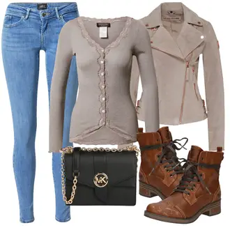 Outfit s Šedá/Béžová/Hnědá/Fialová Kardigán s výstřihem do V/Vlněný kardigán/Krátký svetr/Vintage svetr/Bavlněný svetr/Kašmírový kardigán/Kardigán s kulatým výstřihem Rosemunde "Zimní outfity"