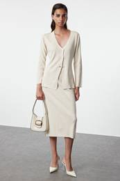 Beige Brown Knitwear Bottom-Top Set