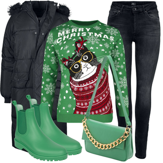 Outfit mit Grün/Türkis/Dunkelgrün/Neonfarben Gummistiefel/Chelsea Boot/Gummistiefelette/Lederjacke Dockers by Gerli "Cool für die Freizeit"