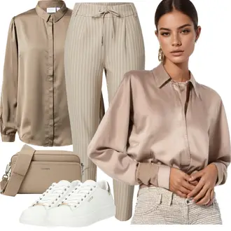 Outfit mit Weiß/Beige/Creme Sneaker Low/Leder Sneaker/Plateau-Sneaker/Schmaler Sneaker/Sneaker Mit Seitlichem Reißverschluss/Teddy Sneaker Guess "Schönes Frühlingsoutfit"