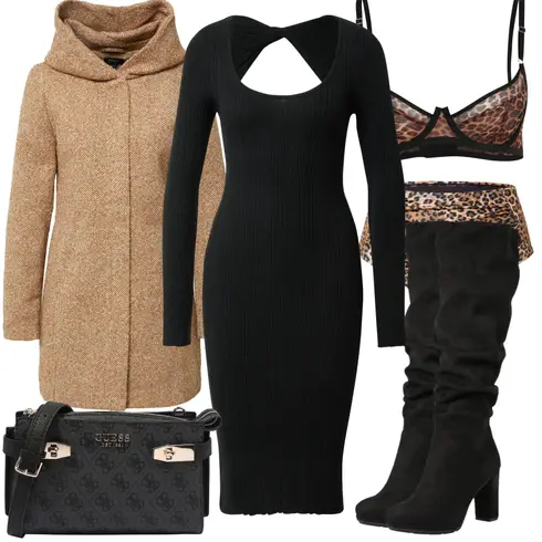 Schwarz/Weiß Kleid Große Größe/Bodycon-Kleid/Gewagtes Kleid/Hochgeschlossenes Kleid/Langes Strickkleid/Langärmliges Kleid/Pulloverkleid/Rollkragenkleid/Winter Strickkleid A Lot Less kombinieren mit Schwarz High Heels Stiefel/Kniehoher Stiefel/Langer Stiefel/Overknee Stiefel/Spitzer Stiefel/Weitschaftstiefel About You