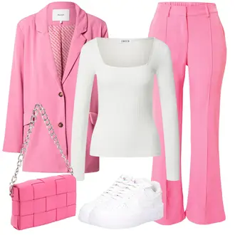 70er Outfit mit Rosa Schlaghose/Bootcut Pant/Bügelfaltenhose/Hose mit Schlitz/Marlenehose/High Waist Hose/Ausgestellte Hose NÜMPH "Mega schöne Frühlings Outfits"Look: Uni, 80er, Schick, Coole, Schön, Büro, Outdoor, 70er