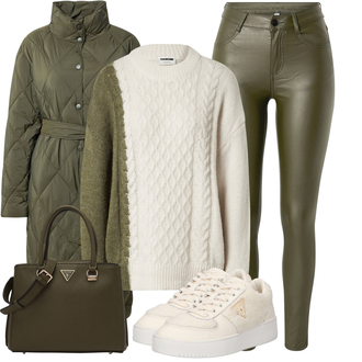 Outfit mit Beige/Dunkelgrün/Grün/Khaki/Hellgrün Zopfmuster Pullover/Grobstrickpullover/Kaschmir Pullover/Strickpullover/Nicki Pullover/Norweger Pullover/Norweger Pullover/Einfacher Pullover/Winterpullover/Wollpullover Noisy may "Praktischer Look"