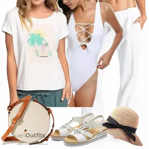 Outfit mit Creme/Weiß/Khaki Leinenhose/Schlaghose/Ausgestellte Hose/Lange Hose/Freizeithose/Baumwollhose ROXY "Sommerliches Freizeit Outfit"