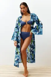 Floral Patterned Belted Maxi Woven 100% Cotton Beach Kimono & Kaftan