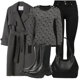 Outfit s Šedá Dlouhá tylová sukně/Dlouhé Šaty/Svetrové Šaty/Dlouhý Zimní Kabát/Pletený Oděv Guess "Podzimní Outfit"