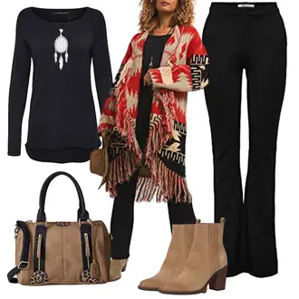 70er Outfit mit Schwarz Hose mit Schlitz/Schlaghose Leggings/Schlaghose/Bootcut Pant/Flared Leggings Only "Buntes Herbst Outfit"Look: 70er, Schlichte, Nahtlos, Classic, Premium, Casual, Schick, Ausgefallene, Edel, Oversize