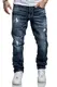 REPUBLIX Herren Jeans Regular Straight Fit Denim Hose Destroyed R7998 Dunkelblau W32/L32
