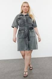 Curve Dark Blue Belt Detailed Mini Denim Shirt Dress