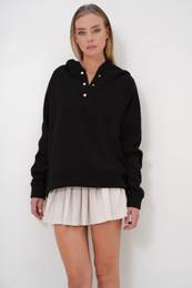 Trend Alaat Stili Women's Black Hooded Snap Closure 3 Thread Raster Oversize Sweatshirt