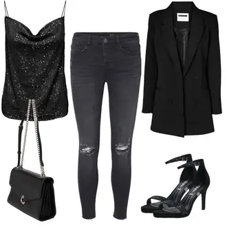 Jeans Outfits mit Schwarz/Rosa/Rot/Dunkelrot Anzug Lederjacke/Oversize Blazer/Boyfriend Blazer/Zweireiher Blazer Noisy may "Glitzer Partylook"