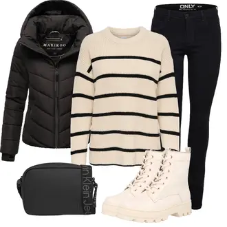 Lack Outfit mit Creme/Beige/Khaki/Weiß SchnürStiefelette/Klassischer Stiefel/SpringerStiefel/Flache Stiefelette/Winter Sneaker About You "Perfekt für den Winter"Look: Uni, Outdoor, Techno, Unisex, Trendige, Sportlich, Lack, Casual, Löwe, Schick, Esthetische, Streetwear