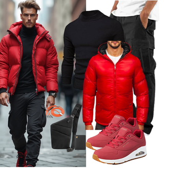 Puffer Outfit mit Rot WinterJacke/SkiJacke/KapuzenJacke/Verstaubare Jacke/WendeJacke/KunstfaserJacke/ThermoJacke/IsolationsJacke BOLF "Freizeit Outfit"