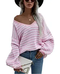 Jiraewh Damen Strickpullover Rundhals Farbblock Casual Schulterfrei Pullover Strickpulli Oversize Sweatshirt Outwear (Rosa-4006, S)