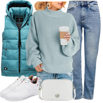 Schlichte Outfit mit Hellblau/Blau Straight Leg Jean/Formelles Hemd/Winterjacke/Jeans mit Schlitz/Vintage Jeans/Dad Jeans/Girlfriend Jeans/Tapered-Jeans/Boyfriend Jean/Mom Jean Only "Herbstlicher Look"Look: Boyfriend, Vintage, Classic, Schlichte, Casual, 50er Jahre, Retro, Elegant, Trendige, Premium