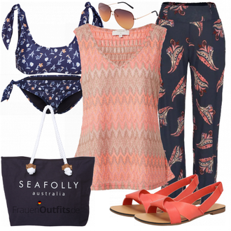 Mit Pailletten Outfit mit Braun/Dunkelblau/Blau/Pastell/Rot Bustier-Bikinitop/Bikini Crop Top/High-Neck-Bikinitop/Herren Leder Gürtel/Push-Up-Bikinitop Leger by Lena Gercke "Sommerliches Freizeit Outfit"