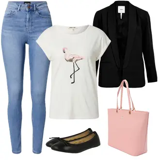 Standesamt Outfit Winter Gast mit Hellblau Lederjacke/Leder Schuhe/High Waist Jeans/Schlupfjeans/Knöchelstiefel/Push up Jeans/Winterjacke Pieces "Flamingo Freizeitkombi"