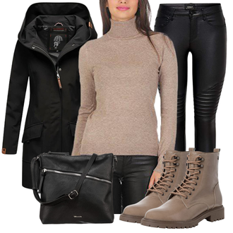 Echtleder Outfit mit Braun/Grau/Khaki/Beige Stiefel Biker Boot/Klassischer Stiefel/SchnürStiefelette/SpringerStiefel Tamaris "Modisches Winter Outfit"