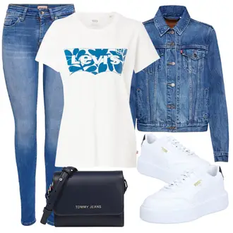 80er Outfit mit Pastell/Dunkelblau/Gelb Jeansjacke/60er Jahre Rock/80er Rock/90er Rock/Jeansrock/Rock Mit Blumenmuster/Lagenlook Rock/Moderne Rock/Bedruckter Rock/Vintage Jeansrock/Kurze Jeansjacke/Frühlingsjacke/Sommerjacke/Übergangsjacke/Vintage Jacke levi's ® "Vestito casual"Look: Uni, Retro, 80er, Coole, Französische, Irische, Moderne, Mom, Schön, Outdoor, Skater