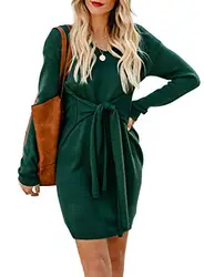 Itsmode Damen Pullover Kleid Elegant Strickkleid Casual Langarm Winterkleid Einfarbig Rollkragen Jumper Minikleid Elegante Warme Wickelkleid,Grün,s